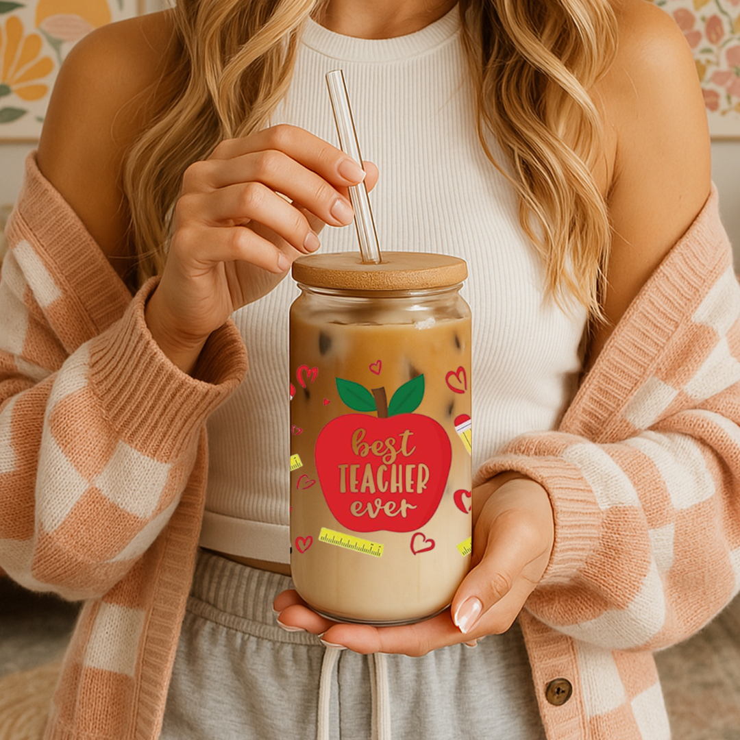 Teacher Inspired 16oz Glass Cold Coffee Cup with Lid & Straw