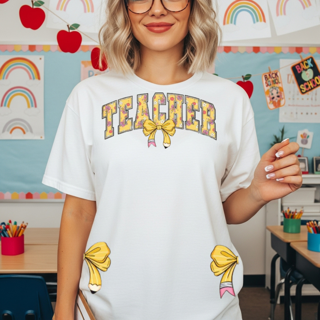 Teacher Pencil Bow T-Shirt or Sweatshirt | Cute Teacher Apparel