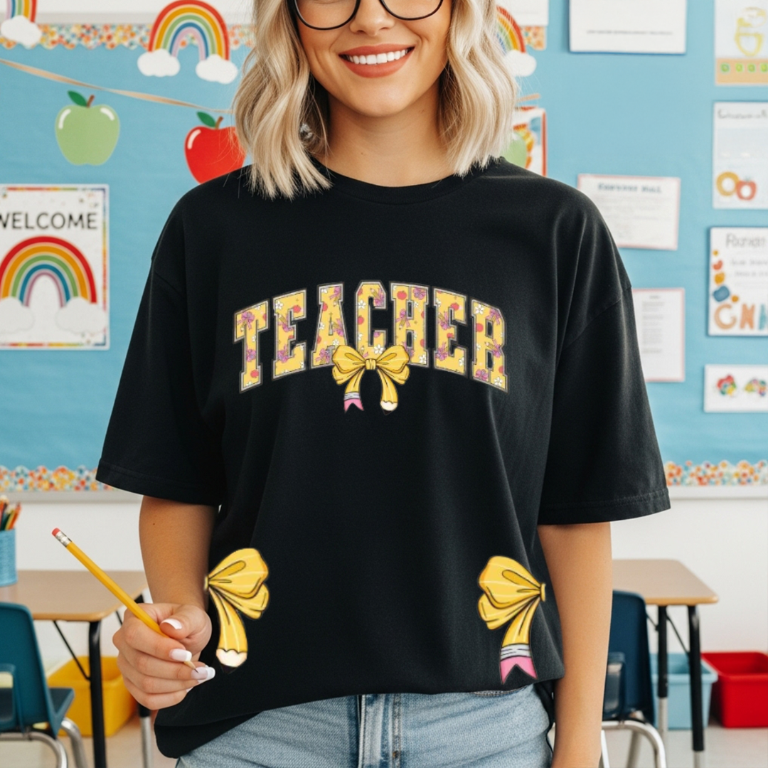 Teacher Pencil Bow T-Shirt or Sweatshirt | Cute Teacher Apparel