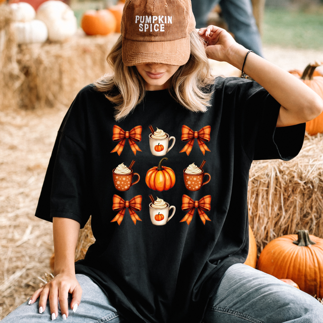 Pumpkin Spice & Bows Fall T-Shirt or Sweatshirt | Girly Fall Graphic