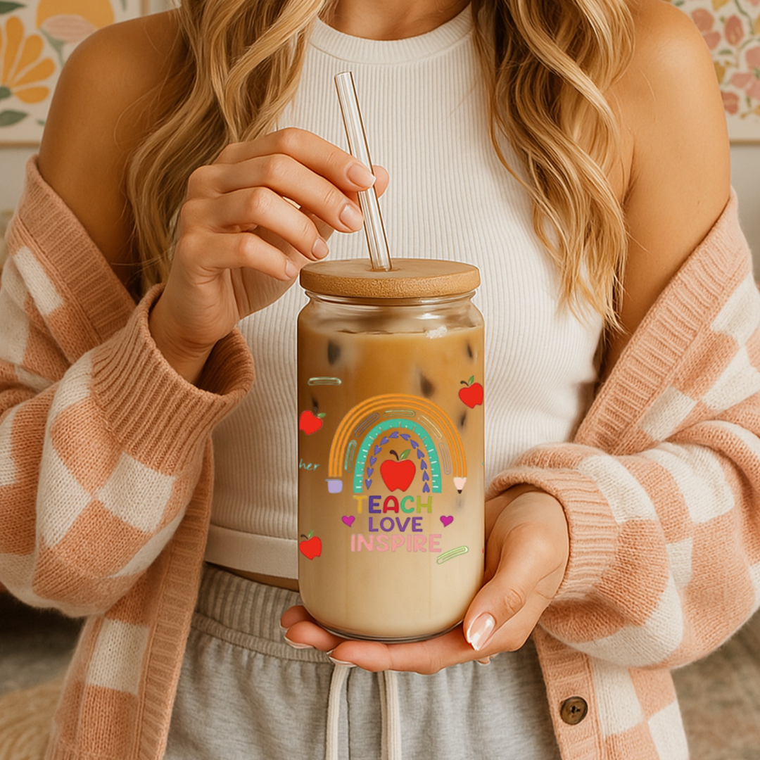 Teacher Inspired 16oz Glass Cold Coffee Cup with Lid & Straw