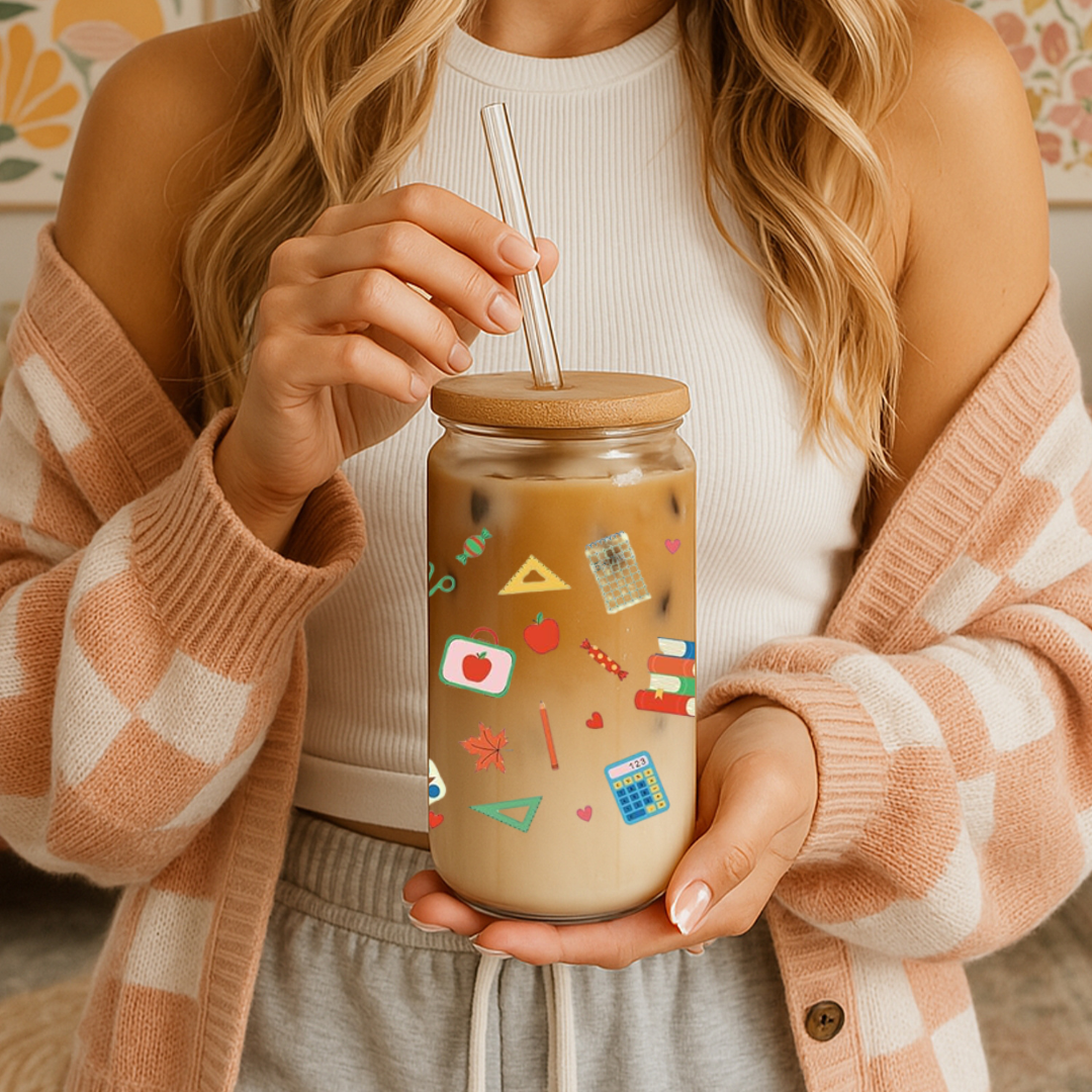 Teacher Inspired 16oz Glass Cold Coffee Cup with Lid & Straw