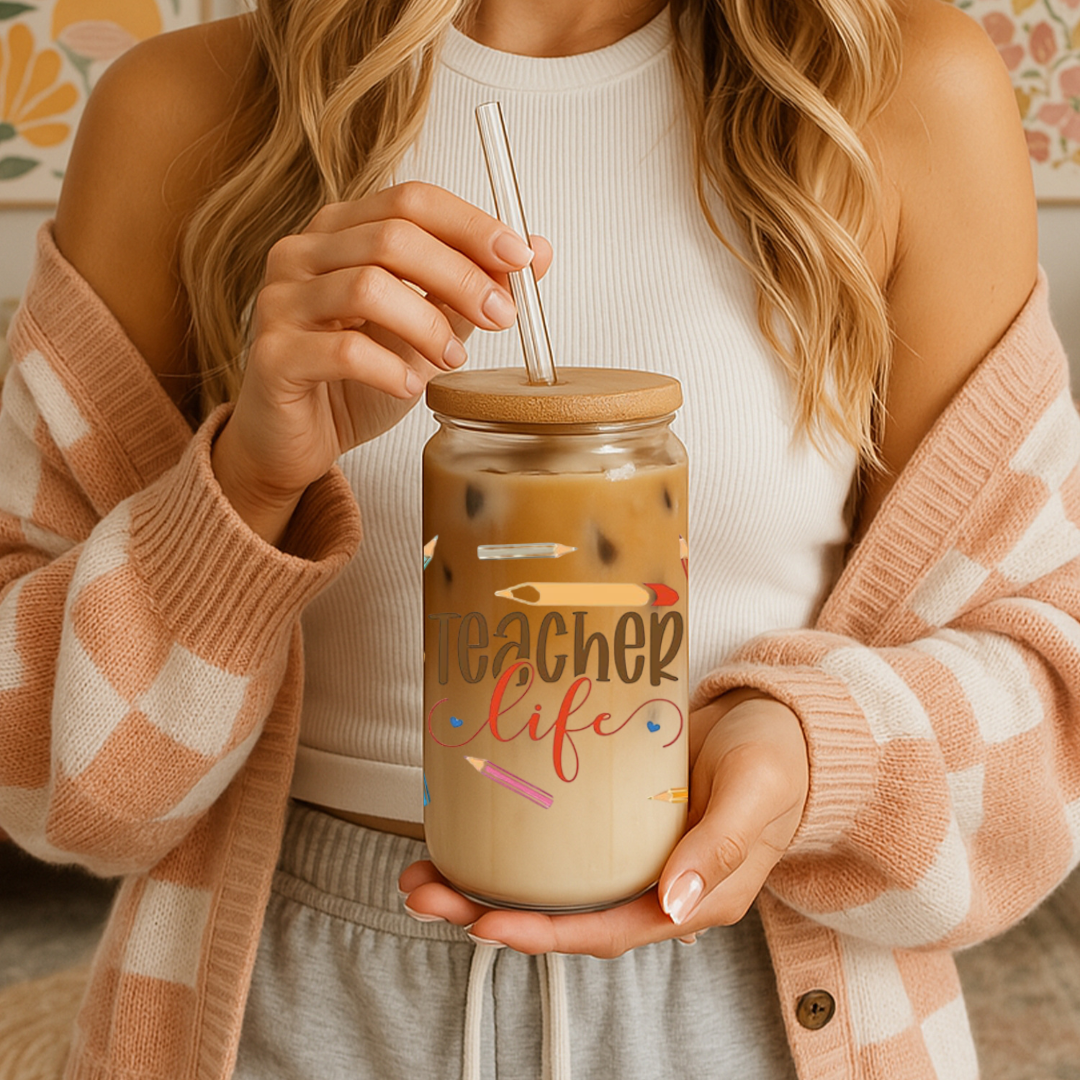 Teacher Inspired 16oz Glass Cold Coffee Cup with Lid & Straw
