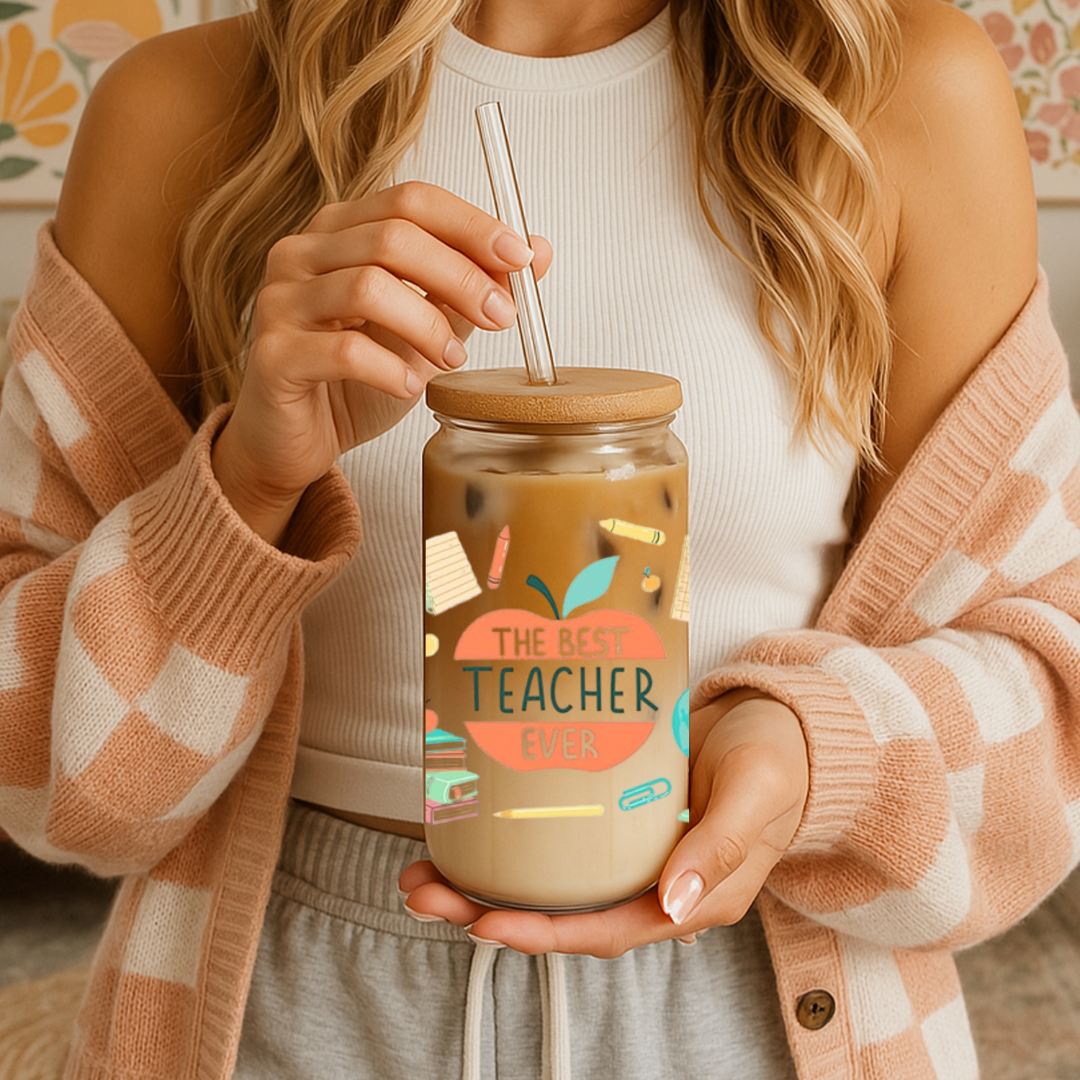 Teacher Inspired 16oz Glass Cold Coffee Cup with Lid & Straw