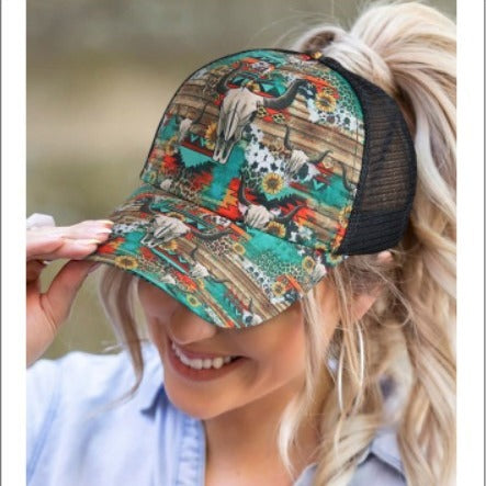 Western Skull Ponytail Trucker Hat