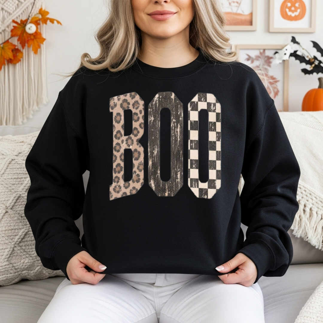 Rustic BOO Halloween Sweatshirt | Leopard & Checkered Fall Crewneck