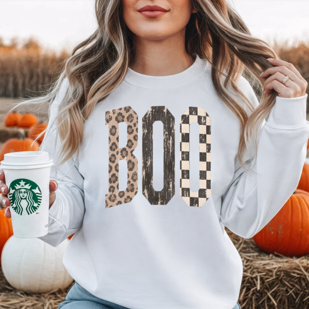 Rustic BOO Halloween Sweatshirt | Leopard & Checkered Fall Crewneck