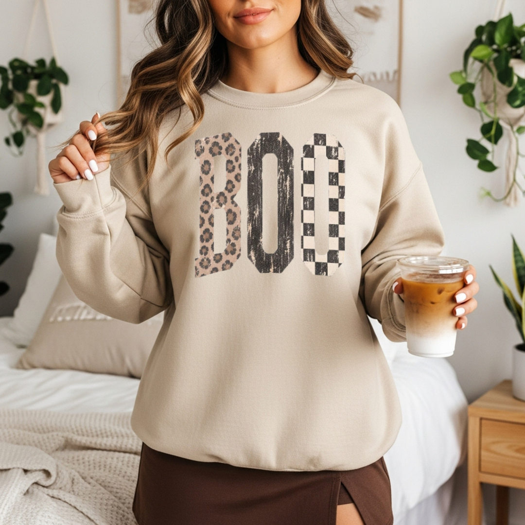 Rustic BOO Halloween Sweatshirt | Leopard & Checkered Fall Crewneck